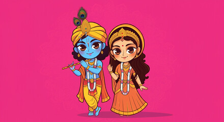Naklejka premium Delightful cartoon-style artwork of Lord Krishna and Goddess Radha standing happily together, symbolizing their joyful and eternal love