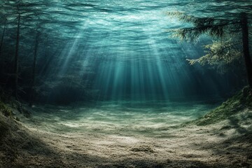 Underwater scene with sunlight filtering through water.