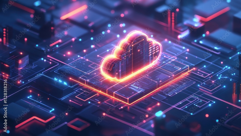 Poster futuristic cloud computing concept with neon lights illustrating data storage and connectivity in a 