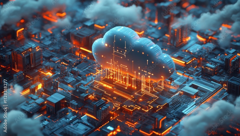 Poster futuristic cloud computing network with neon lights and urban infrastructure representing digital tr