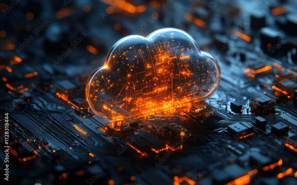 Poster futuristic cloud server illustration with glowing circuit board elements and data connections repres