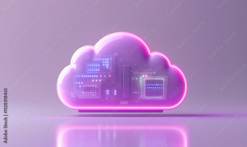 Poster futuristic cloud storage concept with neon lighting and circuit patterns on a glossy surface for dig