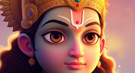 Close-up of a divine child figure with large expressive eyes, adorned with a sacred crown and forehead markings, symbolizing innocence and spiritual purity.

