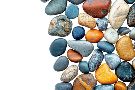 Colorful variety of pebbles and stones arranged on a white surface showcasing natural textures and patterns