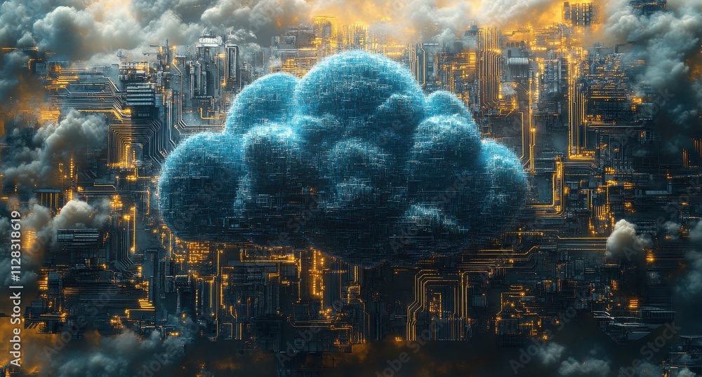 Poster futuristic cloud technology concept featuring digital data connections and networks in a dark atmosp
