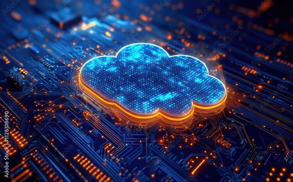 Poster futuristic cloud technology concept with bright digital circuitry background and glowing elements fo