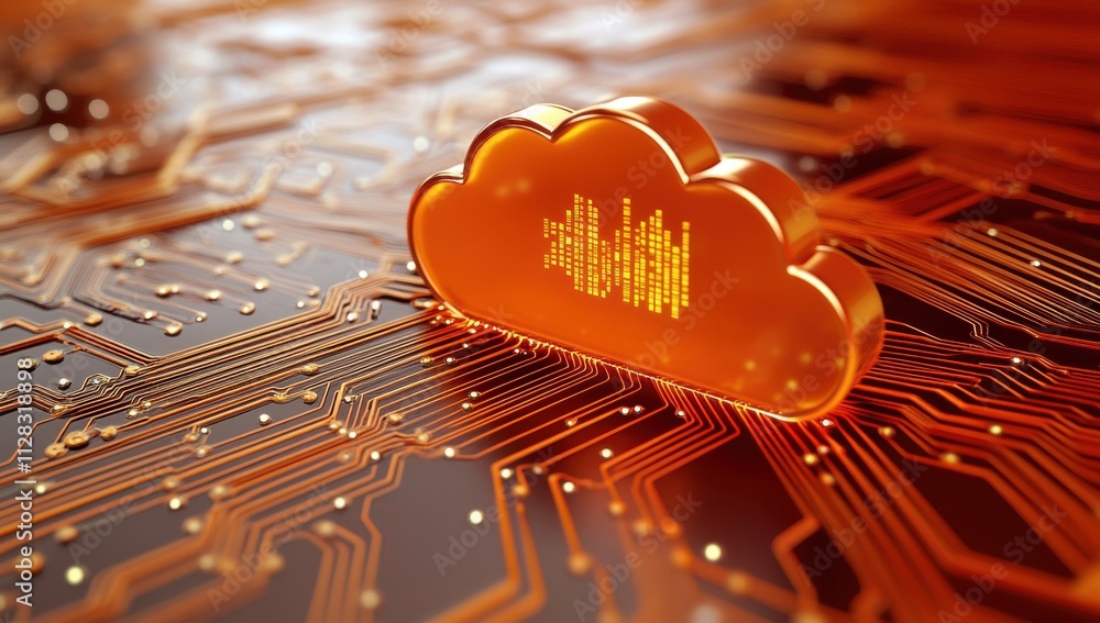 Poster futuristic cloud technology with digital sound wave display on a circuit board background for abstra