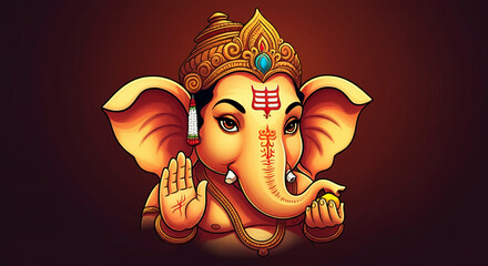 Fototapeta premium Cartoon-style close-up of Lord Ganesha’s face with expressive eyes, red sacred markings, and a joyful expression, symbolizing divine wisdom and happiness