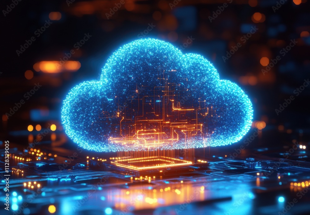 Poster futuristic concept of cloud computing with neon glow and circuit patterns on tech background for dig