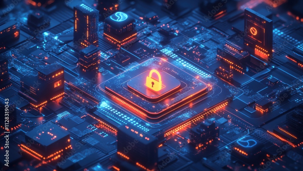 Poster futuristic cybersecurity concept with digital lock on circuit board showcasing advanced technology a