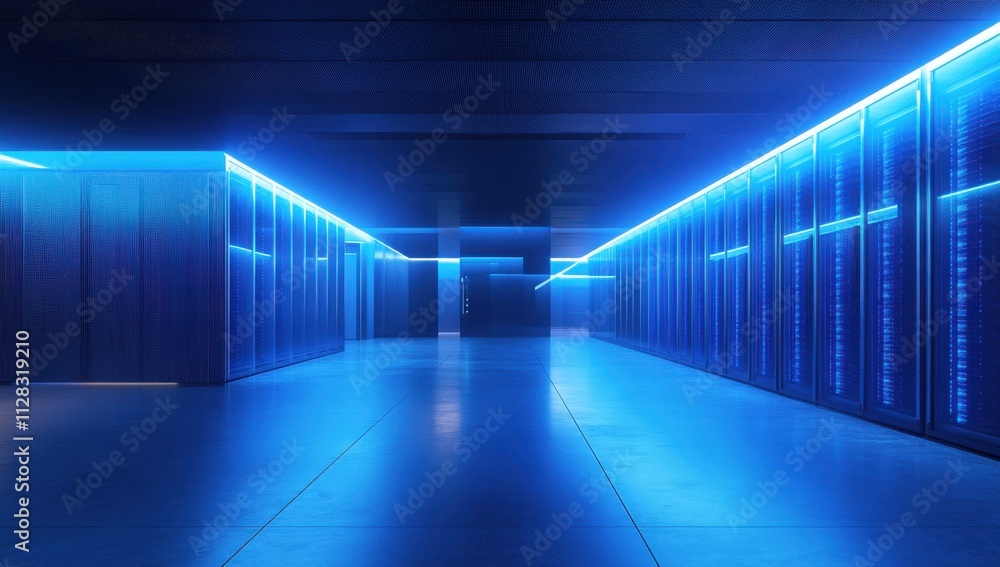 Poster futuristic data center environment with blue lighting featuring rows of data storage servers in a sl