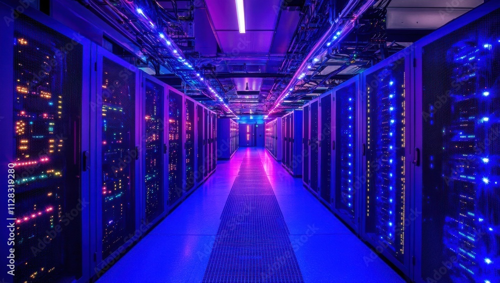 Aufkleber futuristic data center corridor with vibrant neon lights and server racks illuminated by an array of