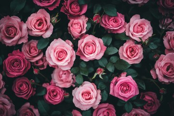 Naklejka premium Blooming Pink Roses with Green Leaves Background