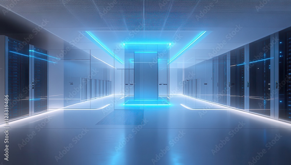 Poster futuristic data center interior with blue neon lighting and high-tech server racks showcasing modern
