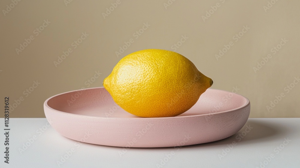 Aufkleber a single ripe lemon sits gracefully on a soft pink plate, showcasing a balance of color and form. th