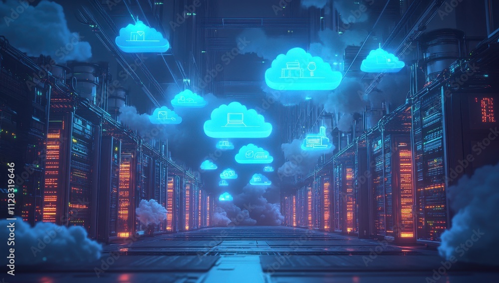 Poster futuristic data center with cloud computing icons and digital technology overhead in an emotive neon