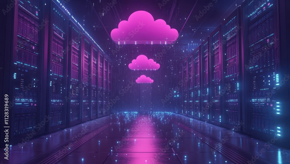Poster futuristic data center with cloud icons floating above neon lighting and digital effects in a techno