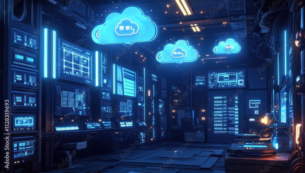 Poster futuristic data center with cloud technology and neon lighting showcasing advanced digital infrastru