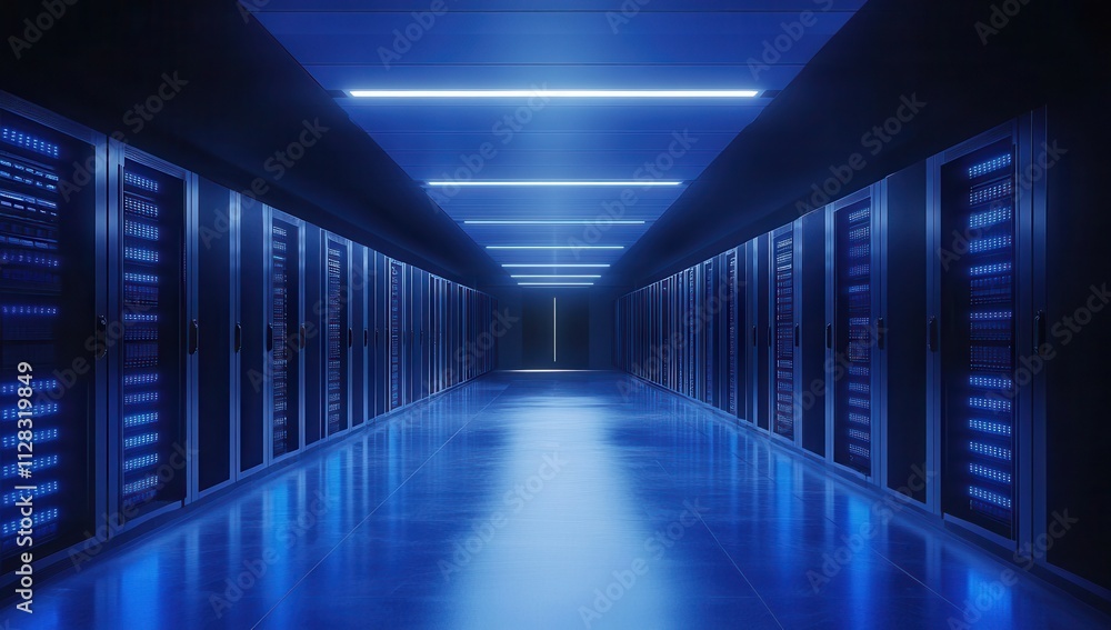 Aufkleber futuristic data center with rows of server racks illuminated by blue lights in a high-tech environme