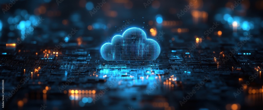 Poster futuristic digital cloud computing concept with abstract circuitry background and glowing elements r