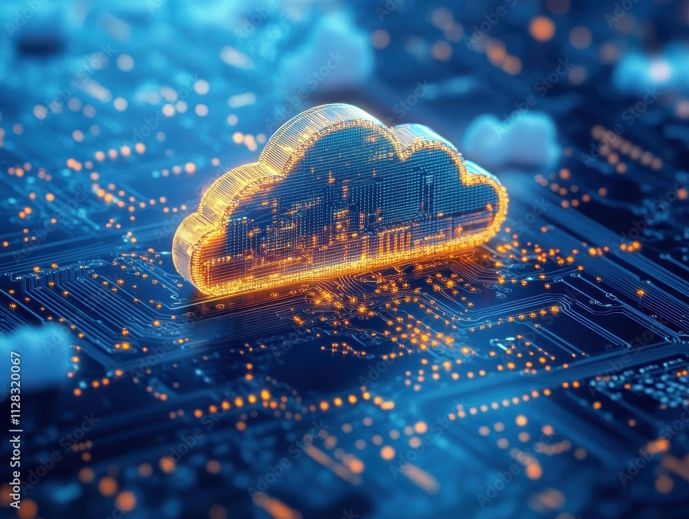 Poster futuristic digital cloud computing concept with bright network connections and glowing circuit backg