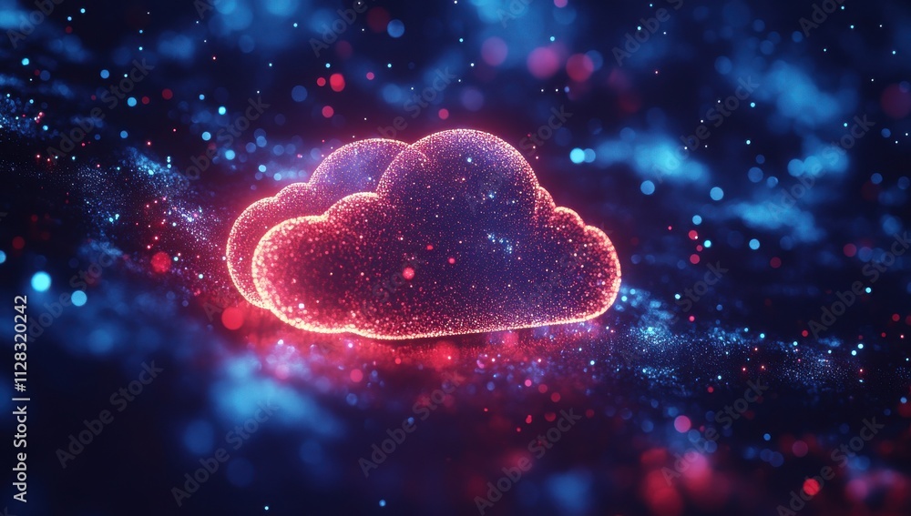 Poster futuristic digital cloud design with glowing particles and cosmic background featuring abstract tech