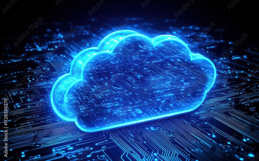 Poster futuristic digital cloud design representing data storage and connectivity over a circuit board back