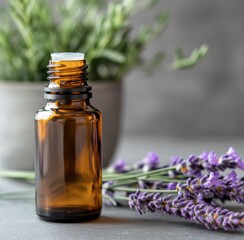 Amber Glass Bottle with Lavender Sprigs and Potted Plant

