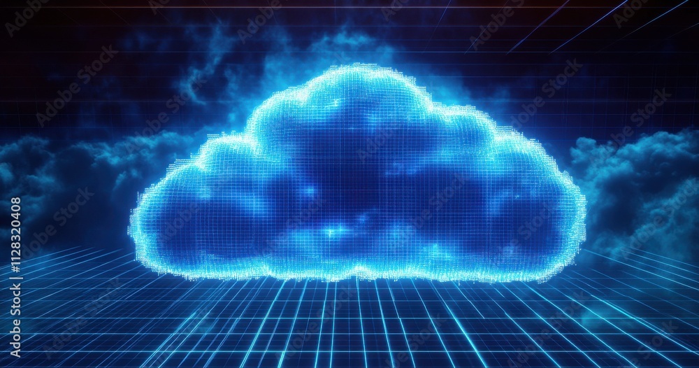 Poster futuristic digital cloud illustration with neon glow and grid background, perfect for concepts relat