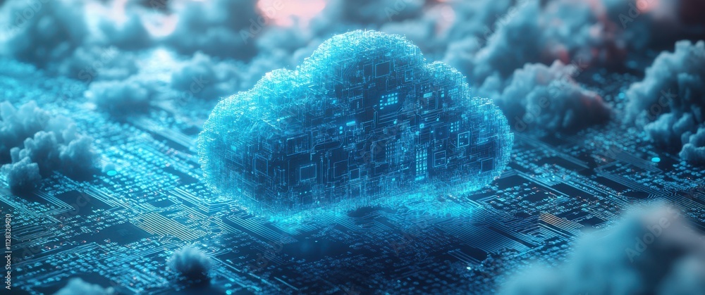 Aufkleber futuristic digital cloud network over circuit board landscape representing data storage, technology 