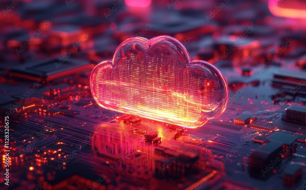 Poster futuristic digital cloud storage concept with glowing elements on circuit board background represent