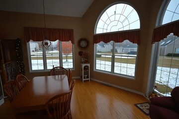 Dining Room With Large Windows And Winter View