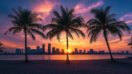 Obraz premium sunset over city skyline with palm trees