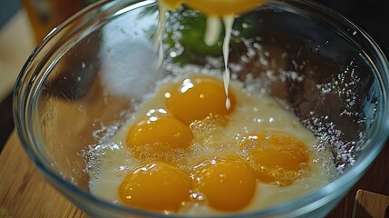 Fresh Eggs Cracking into Mixing Bowl for Cooking or Baking