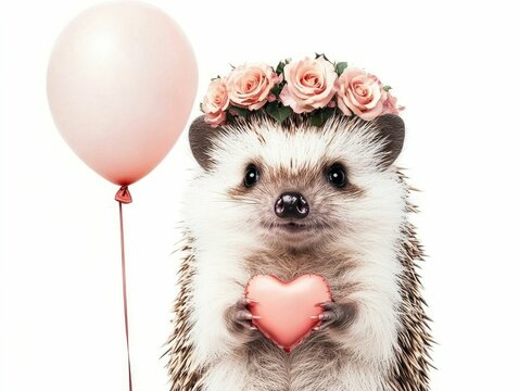 Adorable Hedgehog Wearing Delicate Floral Crown Holding Heart Shaped Balloon Against a Soft Watercolor Background  Whimsical Fairy Tale Inspired Portrait of a Cute