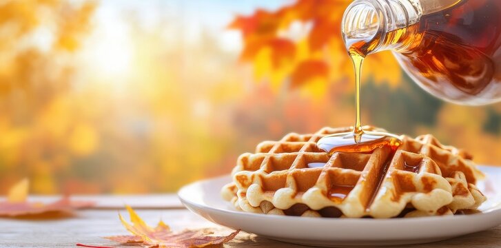 Delicious maple syrup drizzled over golden waffles, creating a perfect breakfast treat.