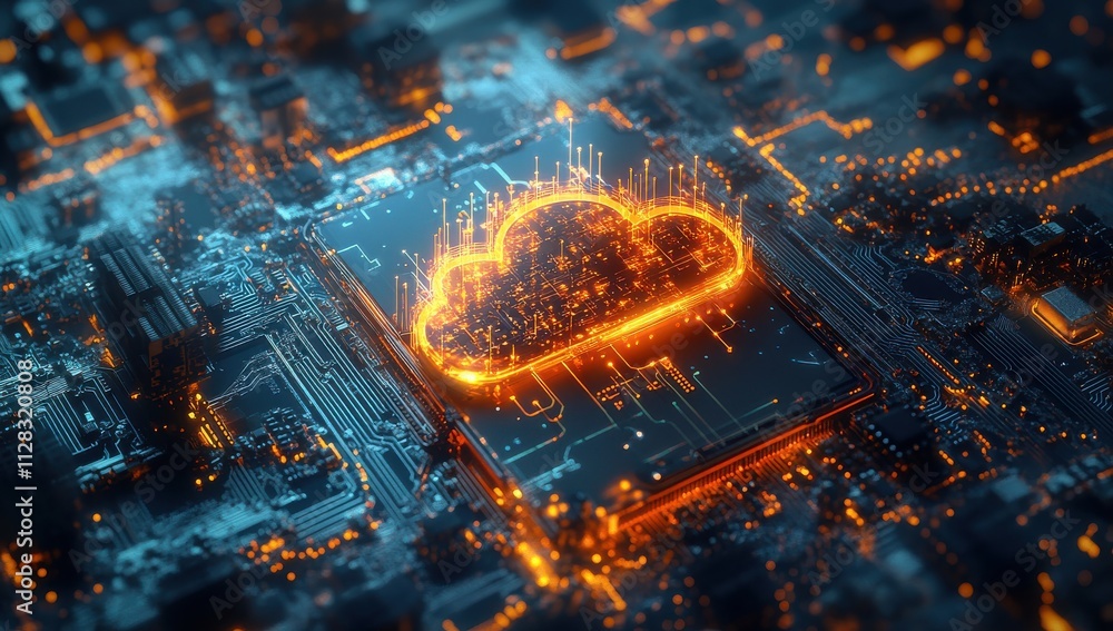 Poster futuristic digital cloud technology concept with circuit board pattern and glowing orange elements s