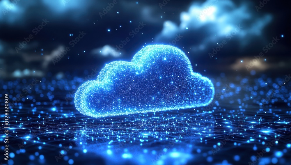 Poster futuristic digital cloud technology concept with abstract shimmering particles and sparkling lights 