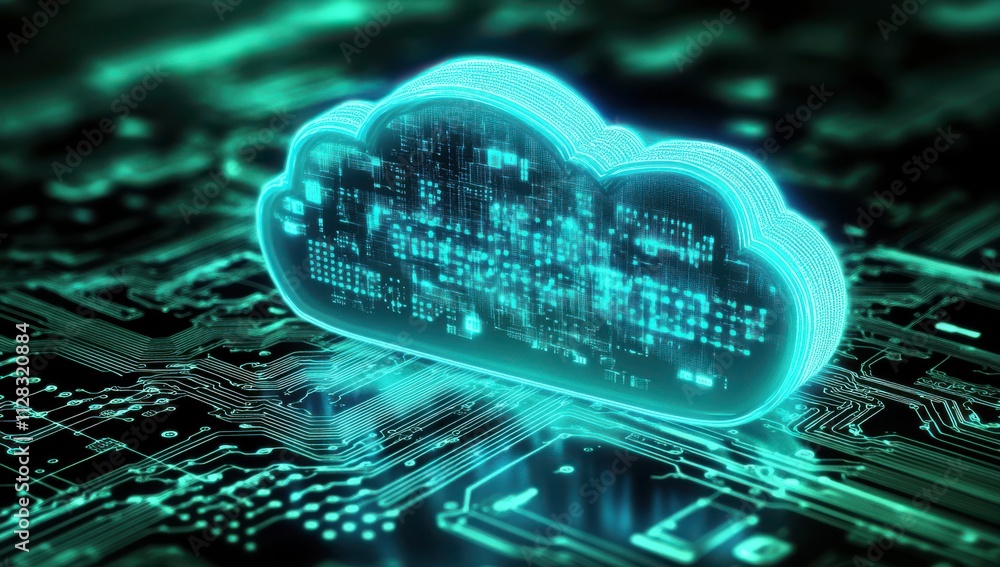 Poster futuristic digital cloud with data flow over circuit board background representing cloud computing a