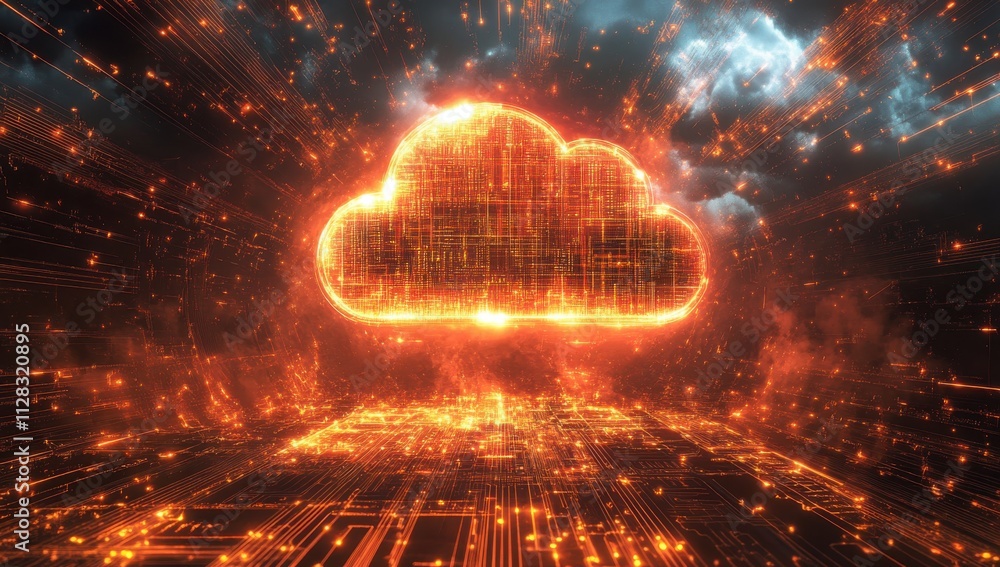 Poster futuristic digital cloud with glowing pattern and abstract data stream depicting technological conne