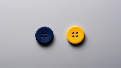 Minimalist yellow and blue buttons arranged on a neutral gray surface.