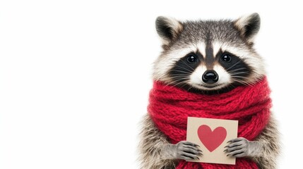 Fototapeta premium Portrait of a cute and playful raccoon wearing a cozy red scarf and holding a handmade Valentine s Day card set against a plain white background with earthy digital painting tones