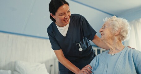 Happy, nurse and healthcare with old woman in bedroom for support, caregiver and retirement....