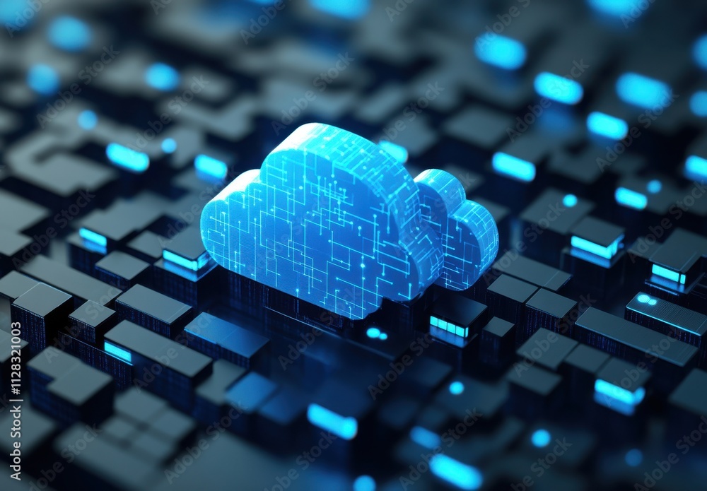 Poster futuristic digital clouds representing cloud computing technology over a dark, data-driven backgroun