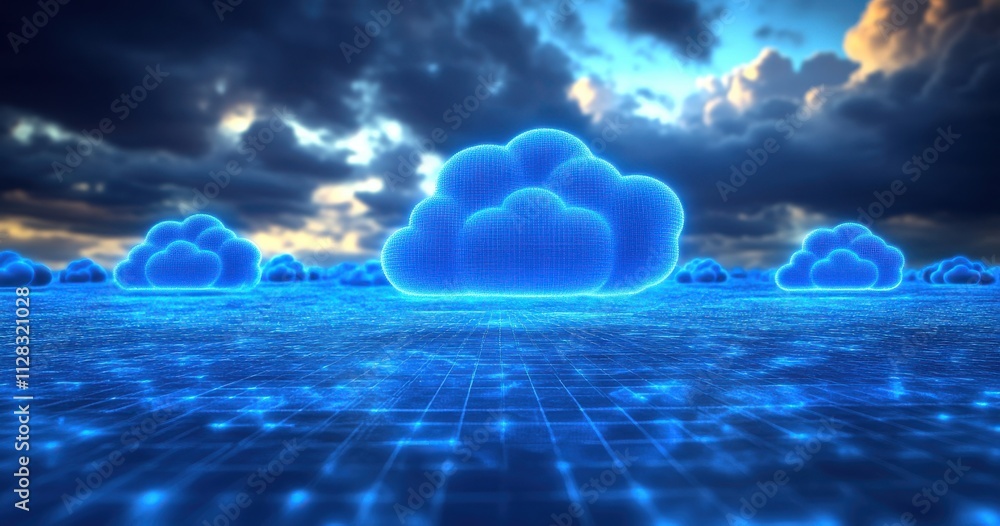 Aufkleber futuristic digital clouds on a data-driven landscape under a dramatic sky with blues and grays empha