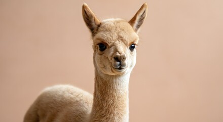 Obraz premium Adorable young alpaca with fluffy fur in a soft pastel background for animal enthusiasts