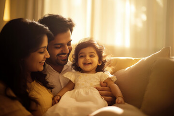 Candid photo of an  Indian ethnic little girl playing with her parents at home