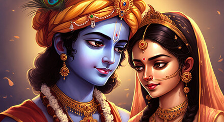 Obraz premium Digital painting of Hindu deities Radha and Krishna in a serene setting, showcasing intricate traditional attire and jewelry