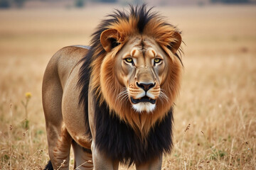 Obraz premium Majestic male lion savannah landscape golden-brown fur shaggy mane