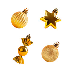 Collection or set of four different traditional christmas baubles or new year decoration in shape of ball, star and candy of golden colour isolated on white background used as winter holiday decor